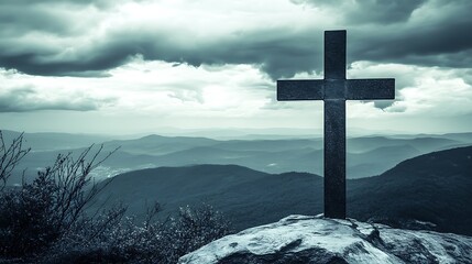 Cross atop Mountain Peak, Serene Landscape