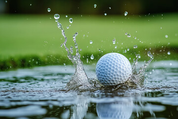 A white golf ball submerged in water with a dynamic splash against a green background. Motion captured.