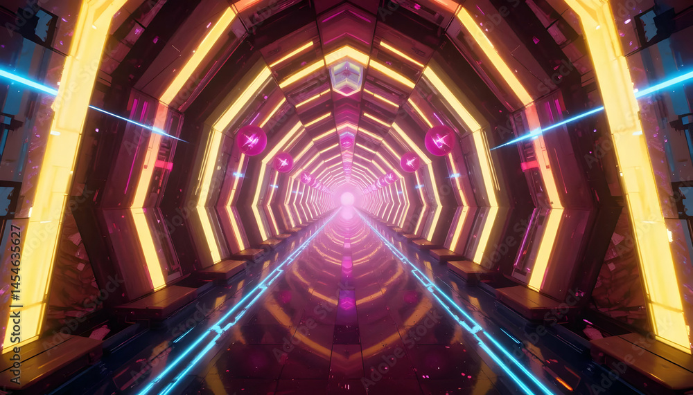Poster neon lights and hexagonal tunnel abstract 3d render of futuristic corridor with vibrant colors and g