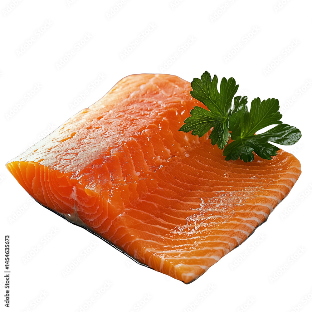 Poster fresh salmon fillet with a garnish of parsley showcasing its vibrant color and texture. isolated on 