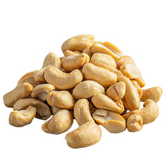 A pile of salted cashew nuts showcasing their natural shape and texture. isolated on white background and transparent background