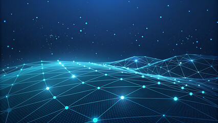 Dark Blue Abstract Network Background with Glowing Polygonal Connections – Futuristic Tech Grid

