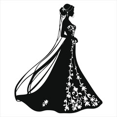 Elegant Black and White Vector Silhouette of a Bride in a Floral Wedding Dress/A striking black and white silhouette of a bride, showcasing a beautiful floral wedding dress.