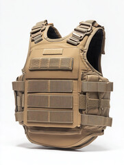 Tactical Body Armor for protection in combat situations or security details, high visibility, tan material.