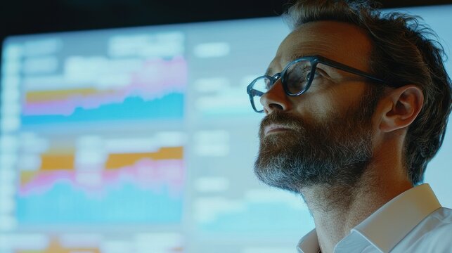 Businessman analyzing financial charts on large digital screen, clean office background, data visualization style