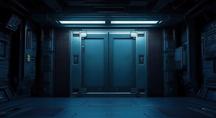 A futuristic doorway in a spaceship corridor, showcasing a metallic, industrial design with a cool, blue hue.