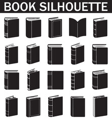 Collection of various black and white book silhouette icons featuring different angles, open and closed views, spine designs, and page orientations for design use.