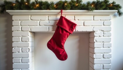 Bright red Christmas stocking traditional style hanging for gifts against white fireplace mantel