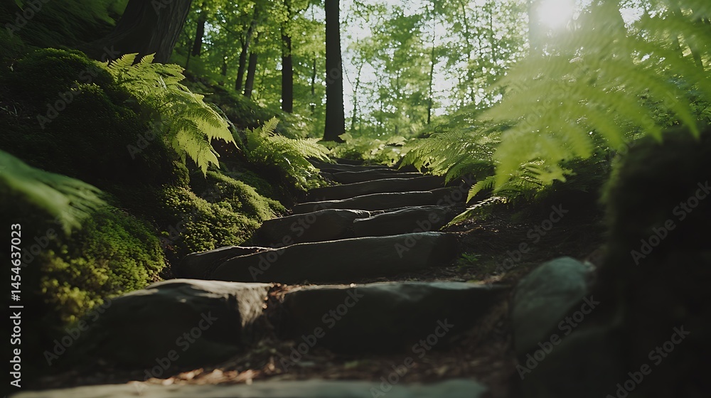 Poster serene forest pathway with stone steps surrounded by lush ferns and dappled sunlight filtering throu