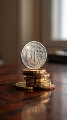Silver ?Life? coin stacked on antique golden coins with warm wood surface