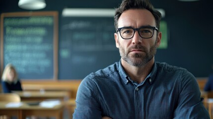 Obraz premium Caucasian male teacher in glasses, classroom setting, calm and serious look, realistic lighting