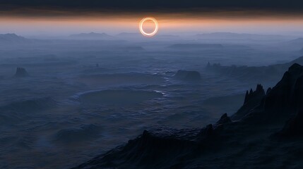 Surreal landscape at dusk with a solar eclipse illuminating distant mountains and valleys