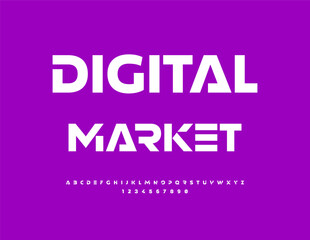 dVector Business signboard Digital Market. Typography Minimal White Font. Uppercase Futuristic Alphabet Letters and Numbers set.