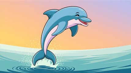 A playful dolphin leaping out of the ocean, bathed in the warm glow of sunrise or sunset. The vibrant illustration captures the joy and energy of the marine mammal