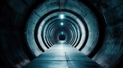 Obraz premium Tunnel vision: A long concrete tunnel with repeating circular structures and illuminated by lights in the distance.
