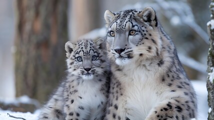 Fototapeta premium Snow leopard cub and parent in the snow