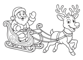 Santa Claus riding Reindeer Sleigh Monochrome Illustration for Coloring Page
