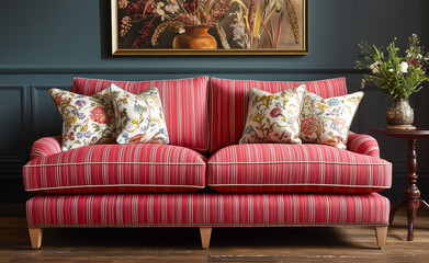 A luxury red and white striped couch with floral cushions.