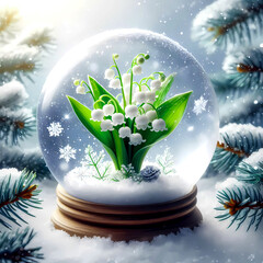 Elegant Snow Globe Display with Blooming Lily of the Valley and Whirling Snowflakes