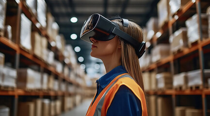 Employee using virtual reality headset for inventory management in a large warehouse for innovation.