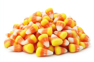 A large pile of tri-color corn-shaped candy isolated against a bright, white background