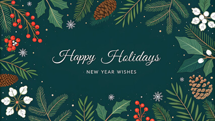 Elegant Holiday Greeting Card with Pinecones and Winter Foliage – Happy Holidays & New Year Wishes

