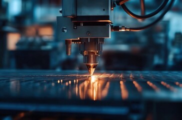 Automated industrial machine cutting metal with laser precision. Sparks reflecting on the material.