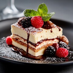 Gourmet dessert with chocolate decorations and fresh fruit served elegantly on fine dish