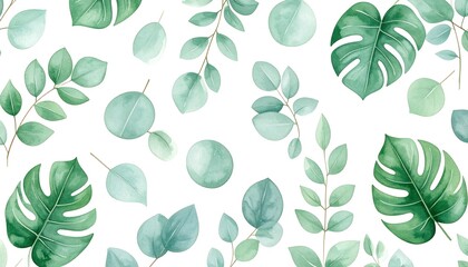 Watercolor Tropical Leaves Pattern: Eucalyptus and Monstera