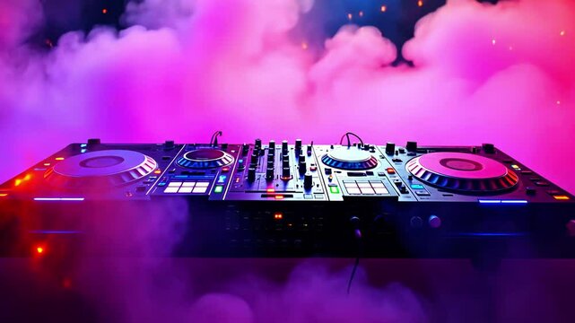 Vibrant DJ setup with colorful lights and fog, creating an electrifying atmosphere for a party