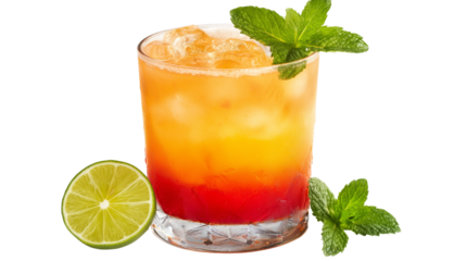 Top view of colorful summer cocktail with fresh mint and lime, on white background, PNG