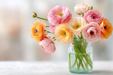 Beautiful Pastel Colored Ranunculus Bouquet In A Glass Vase