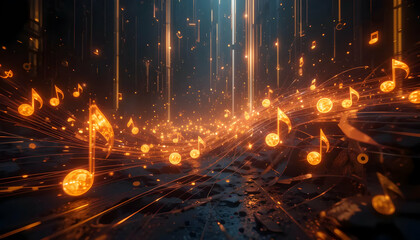 Fototapeta premium Abstract Digital Art Glowing Musical Notes Falling Through a Dark, Mystical Landscape
