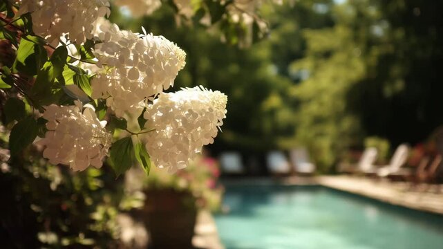 White hydrangeas against italian swimming pool 