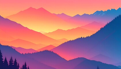 Obraz premium Sunset Mountain Range: Colorful Peaks and Forest Silhouette