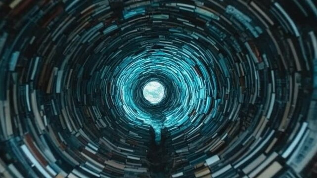 Unique Perspective Through a Circular Tunnel Filled with Multicolored Books and Natural Light