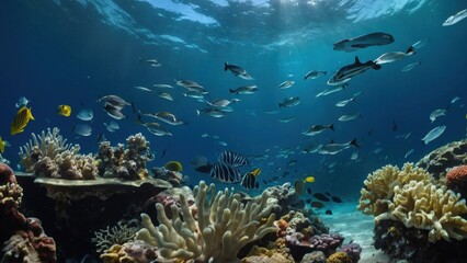 Fototapeta premium Colorful reef teeming with marine life, showcasing a school of fish swimming above coral formations in clear, tropical waters