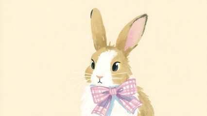 Light Brown Rabbit with Checkered Bow, Cute and Whimsical bunny
