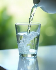 Crystal-clear water pouring into a glass with ice cubes on a reflective surface, captured in natural light with a soft green-white blurred outdoor background.
