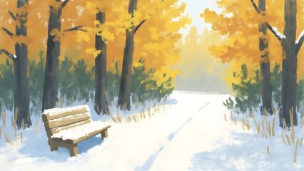 Winter Forest with Yellow Autumn Leaves and Snow, Serene Seasonal Transition