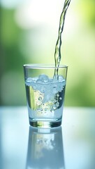 Crystal-clear water pouring into a glass with ice cubes on a reflective surface, captured in natural light with a soft green-white blurred outdoor background.
