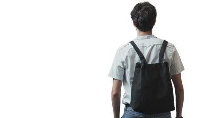 Guy with tote bag and casual outfit, facing away, waist-up, high-resolution