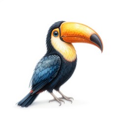 Colorful Toucan Perched Against a White Background, Showcasing Its Vibrant Beak and Feathers