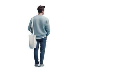 Guy with tote bag and casual outfit, facing away, waist-up, high-resolution