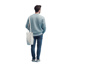 Guy with tote bag and casual outfit, facing away, waist-up, high-resolution