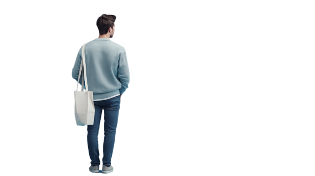 Guy with tote bag and casual outfit, facing away, waist-up, high-resolution