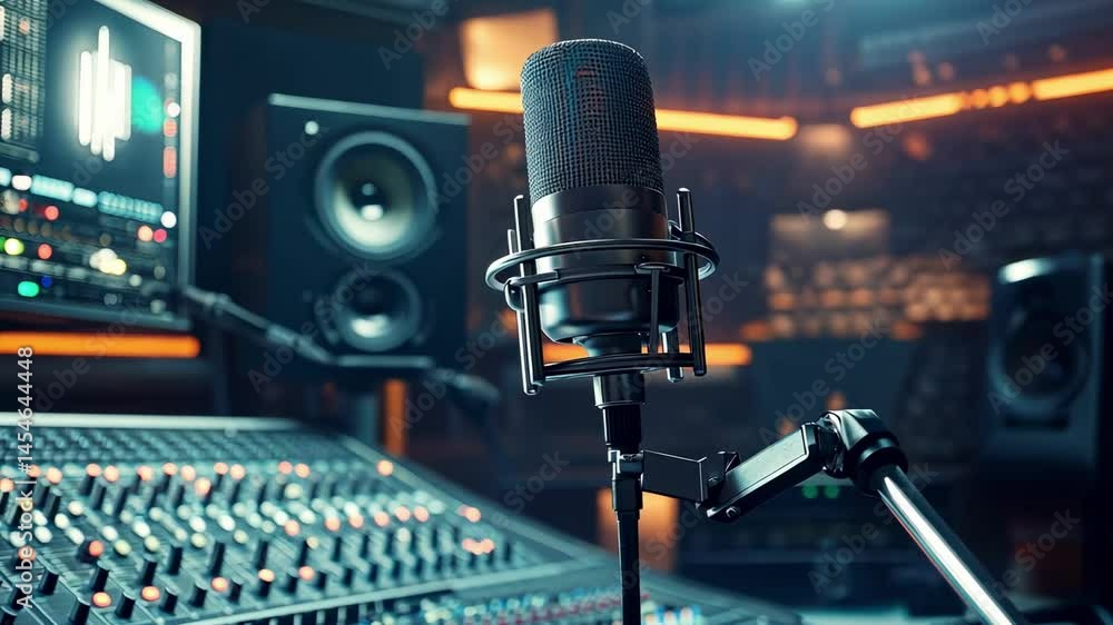 Poster professional studio microphone capturing sound, audio gear and mixing console surrounding recording 