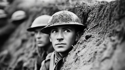 Soldiers in trench looking out, wearing helmets, black and white image, dramatic portrait, World War One, war time, historical, focused expressions