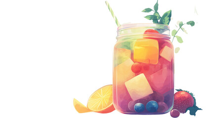 Fresh tropical smoothie in mason jar with fruit decor, white background PNG