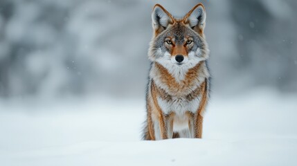 Fototapeta premium Coyote stands alert in snowy winter landscape